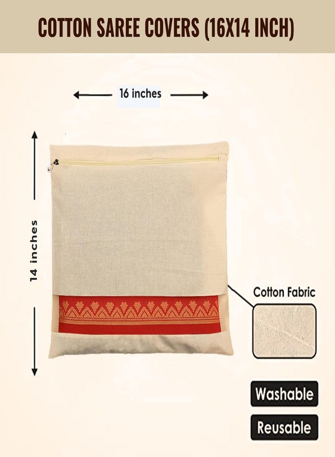 Solitude Pack of 3 Cotton Saree Covers for Storage | Saree Bags with Zipper 16x14 Inches | Cloth Bag for Wardrobe Storage Organizer with Transparent Mesh Window Saree Organiser (Beige) - Image 2